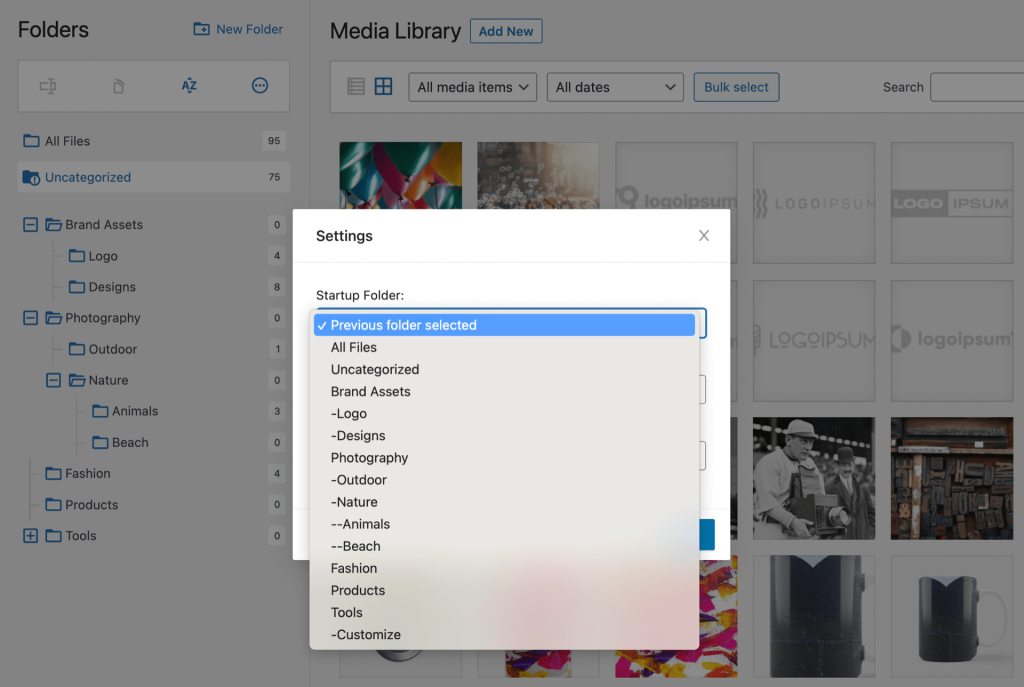 WordPress media folders settings