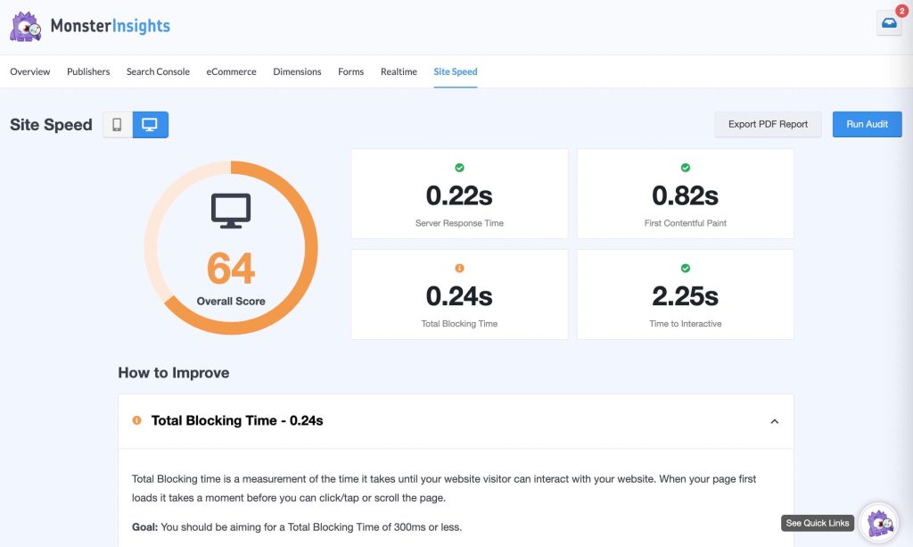 MonsterInsights site speed