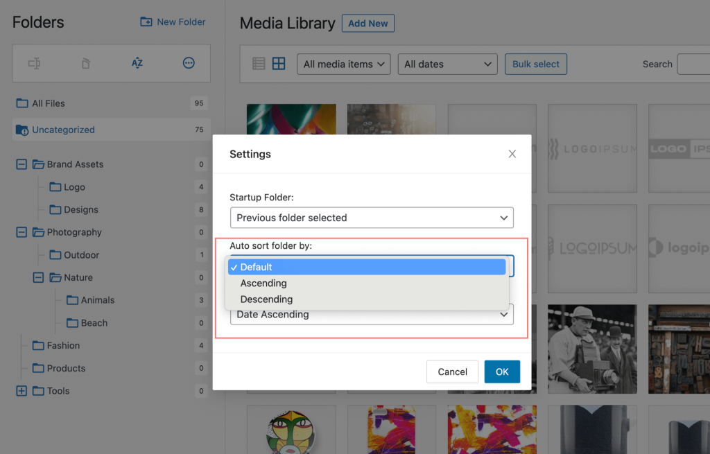 auto sort options for media library folders