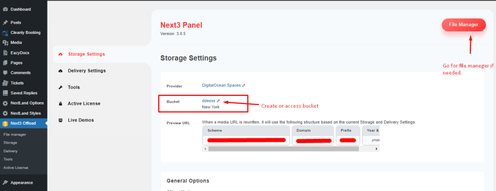 Edit Next3 Panel storage settings in WordPress admin dashboard