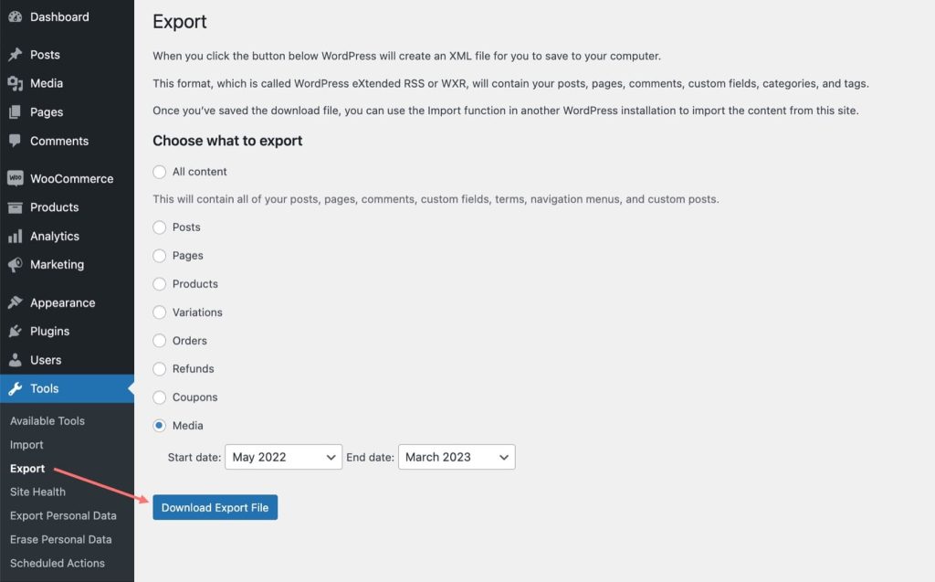 Export WordPress media library using built in Export tool