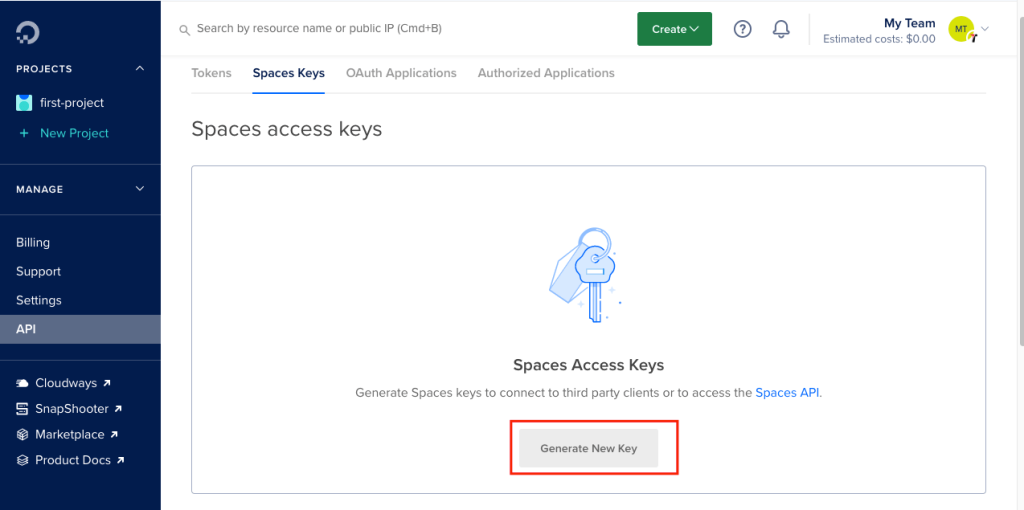 Generate new Spaces access keys in DigitalOcean project