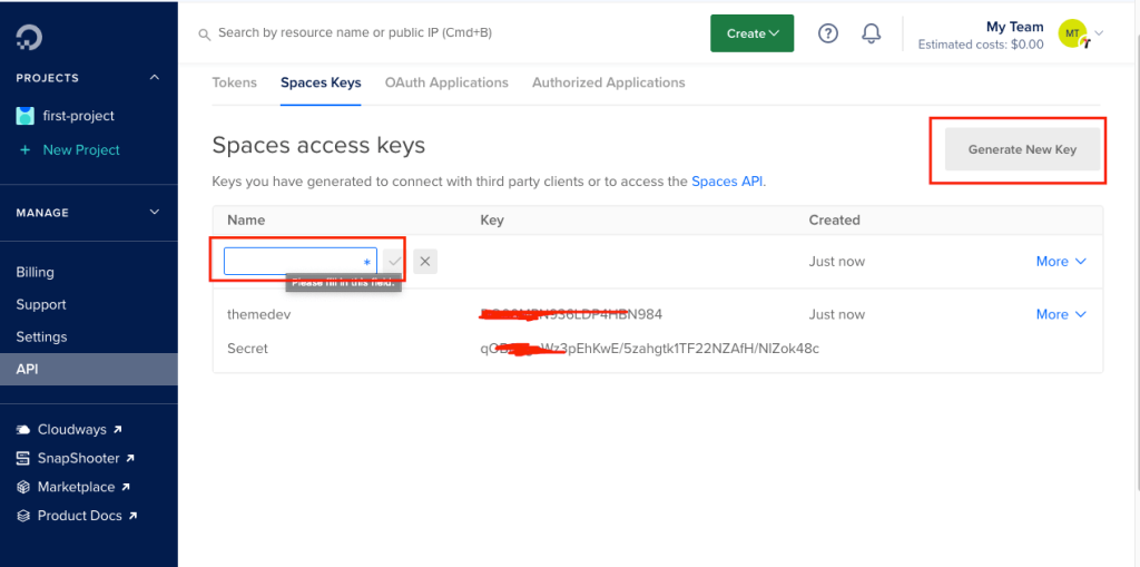 Spaces access keys to connect with third party clients WordPress 