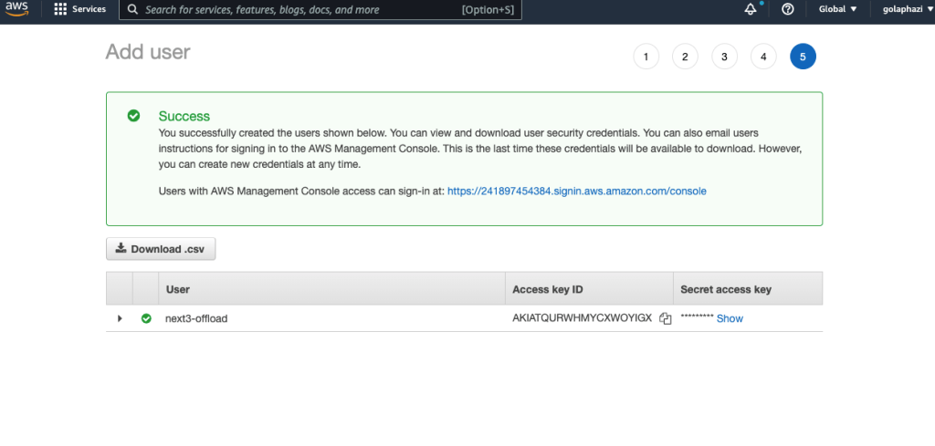 Amazon S3 WP Offload User successfully created