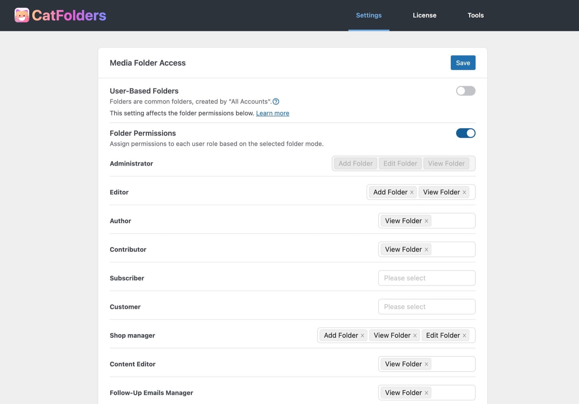 CatFolders settings for WP media folder access permissions