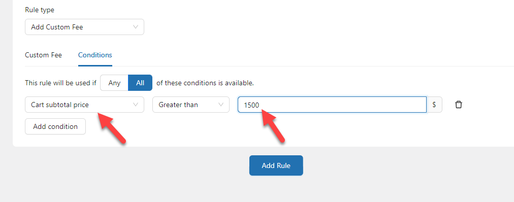 cart subtotal based condition