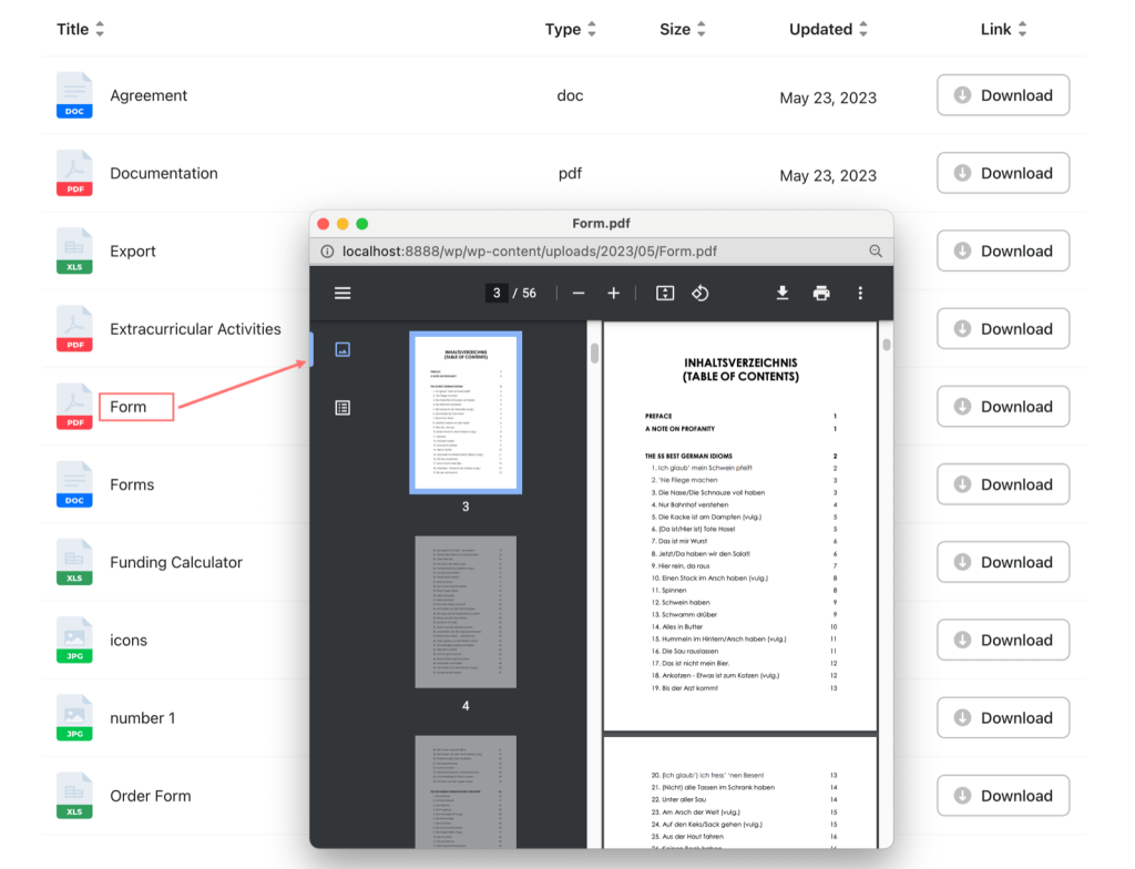 Open document in pdf viewer popup