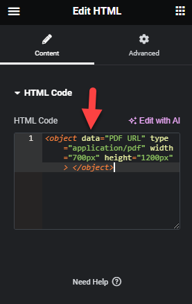 html code added - embed PDF in Elementor