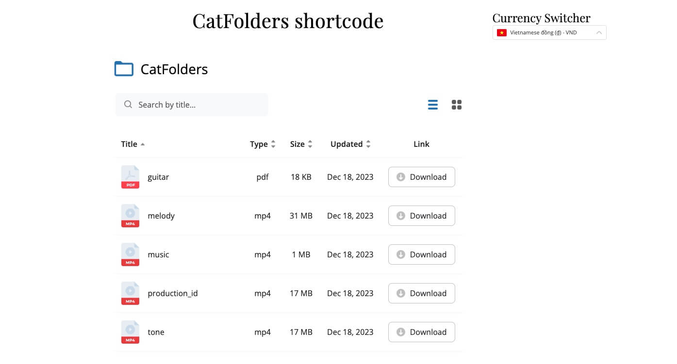 CatFolders shortcode displayed on the Elementor page