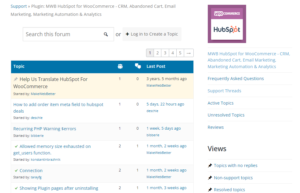 HubSpot for WooCommerce support forum