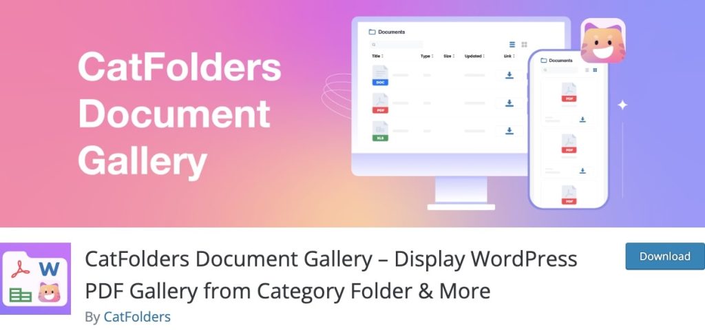 The information of CatFolders Document Gallery on WordPress.