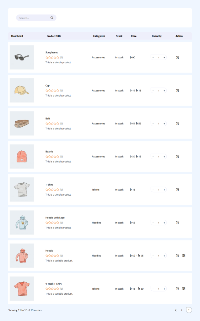 Product table on the frontend by JustTable plugin
