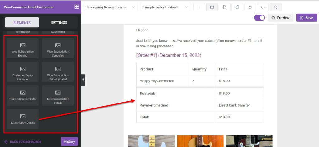 WooCommerce subscription elements available to use in YayMail. 