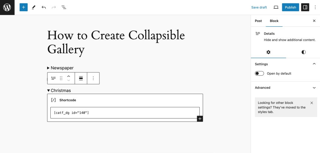 Create WordPress collapsible gallery