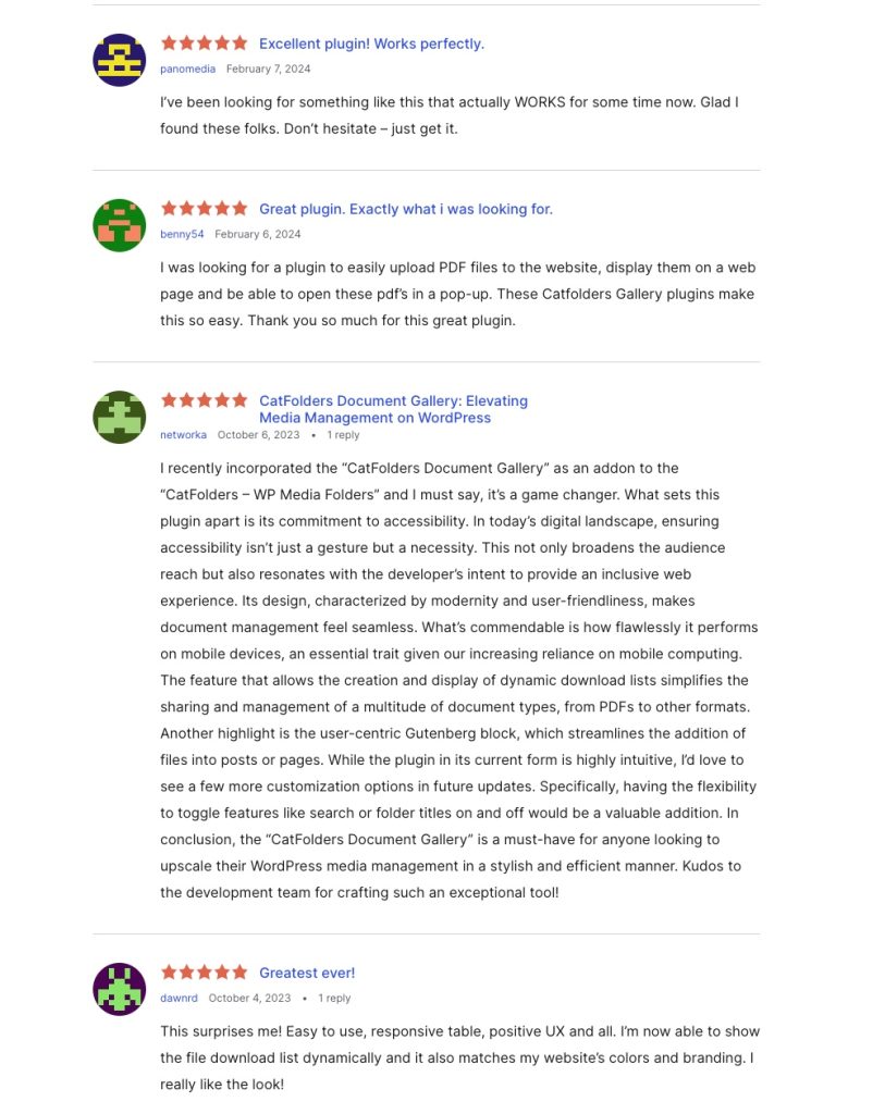 WordPress users review for CatFolders Document Gallery