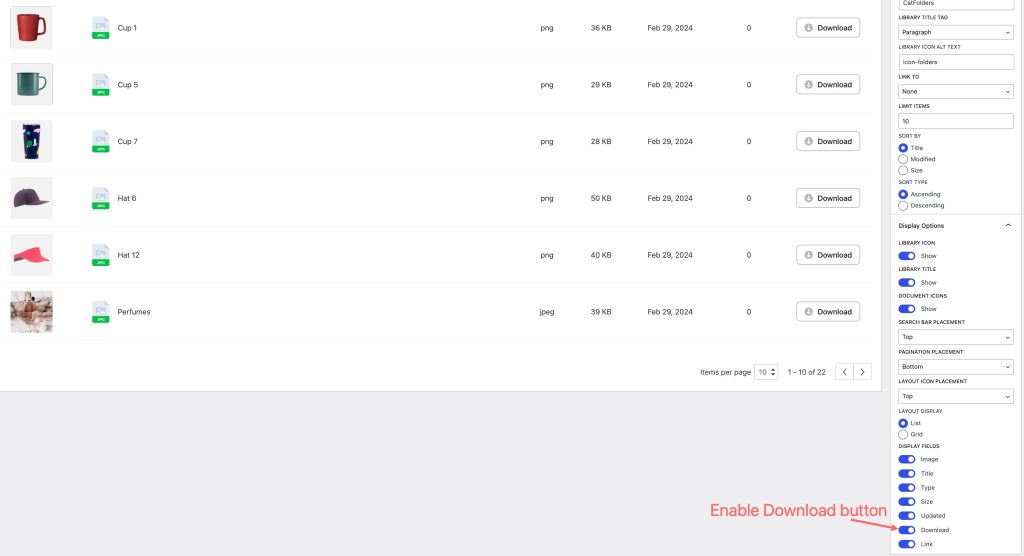 Enable download button on CatFolders Document Gallery