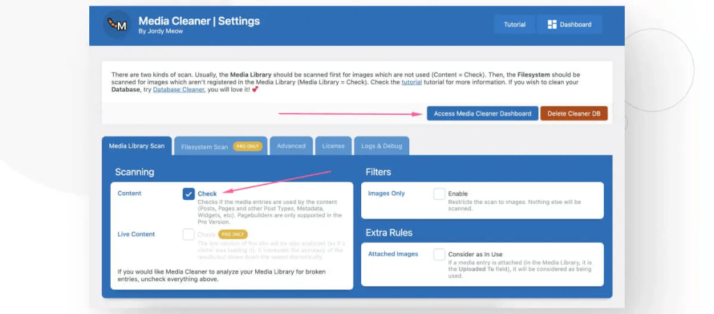 clean up media library by opening media cleaner settings