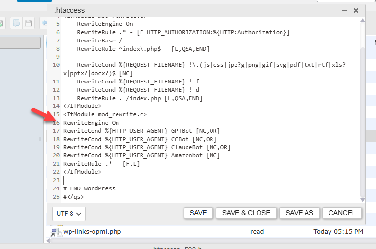 paste code in htaccess