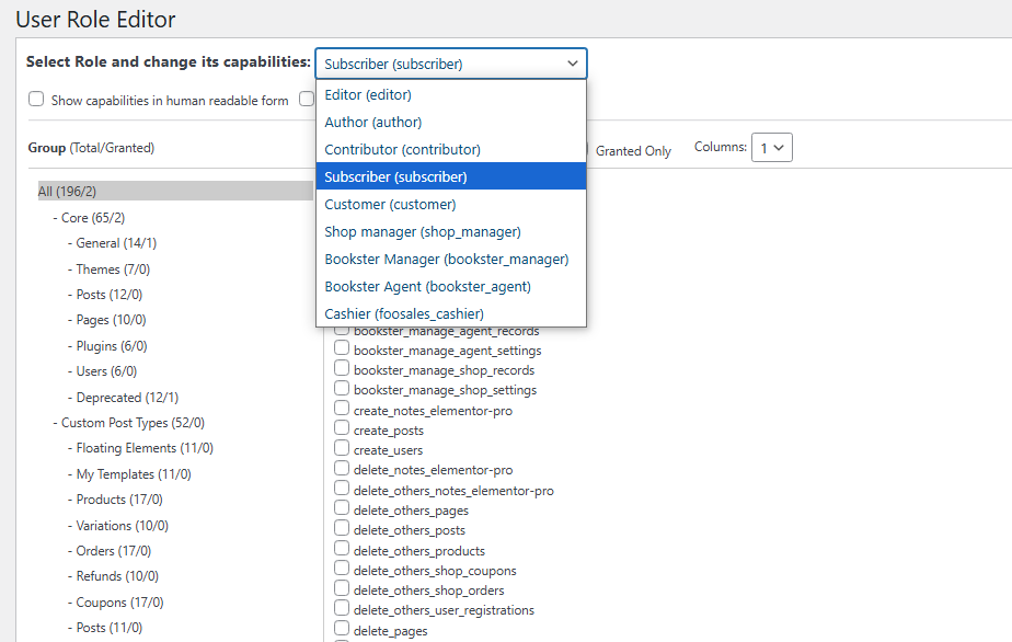 user role editor options