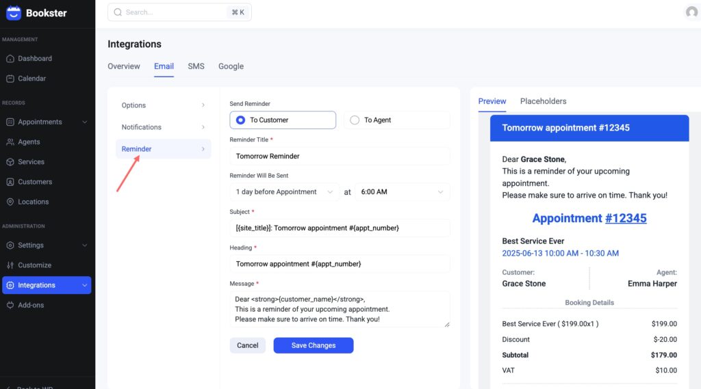 Customize reminder email template