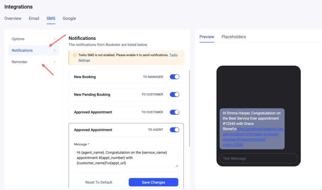 Customize the SMS notifications and reminder form