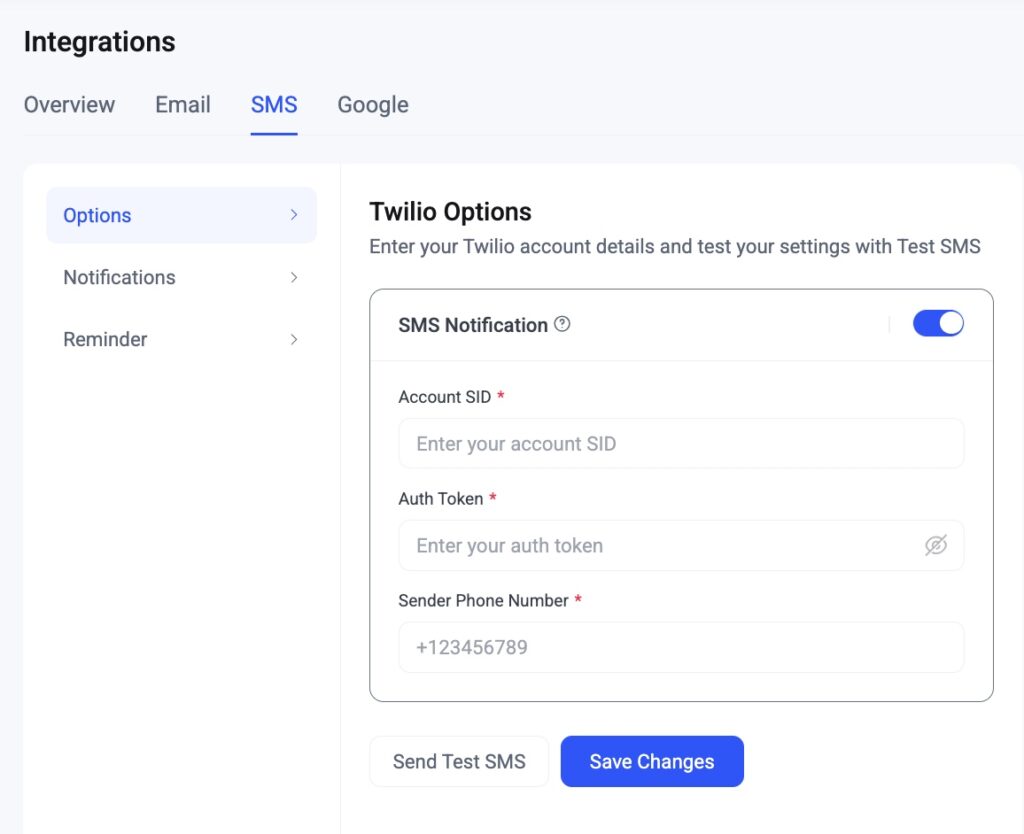 Enable Twilio Options on Bookster