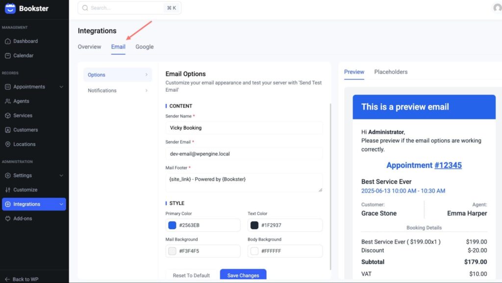 customize the appearance of the Email reminder
