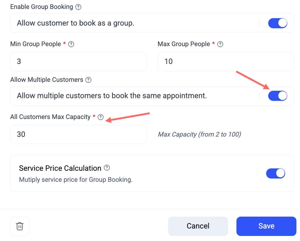 set up to allow multiple customers for group appointment scheduling class