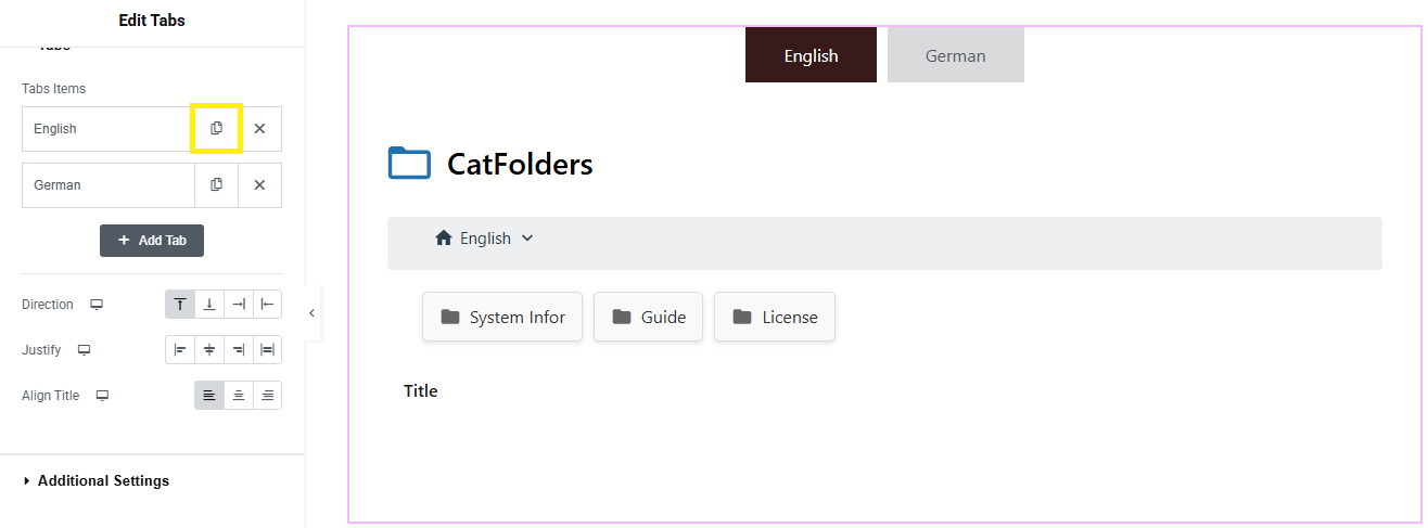 Using Elementor tabs as categories in multilingual document gallery