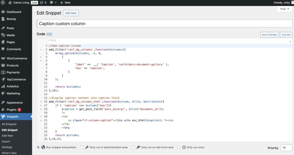 Insert custom snippet to add custom column