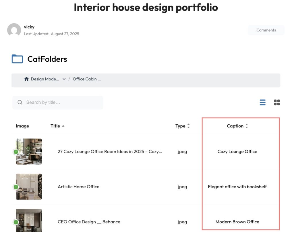 display caption column in document gallery