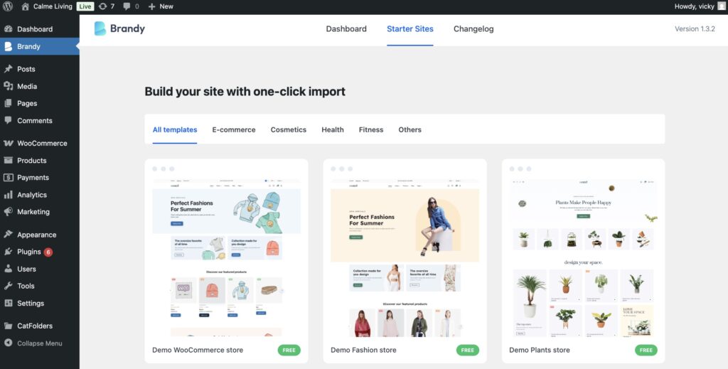 Use Brandy Starter Sites to import a pre-built templates for website