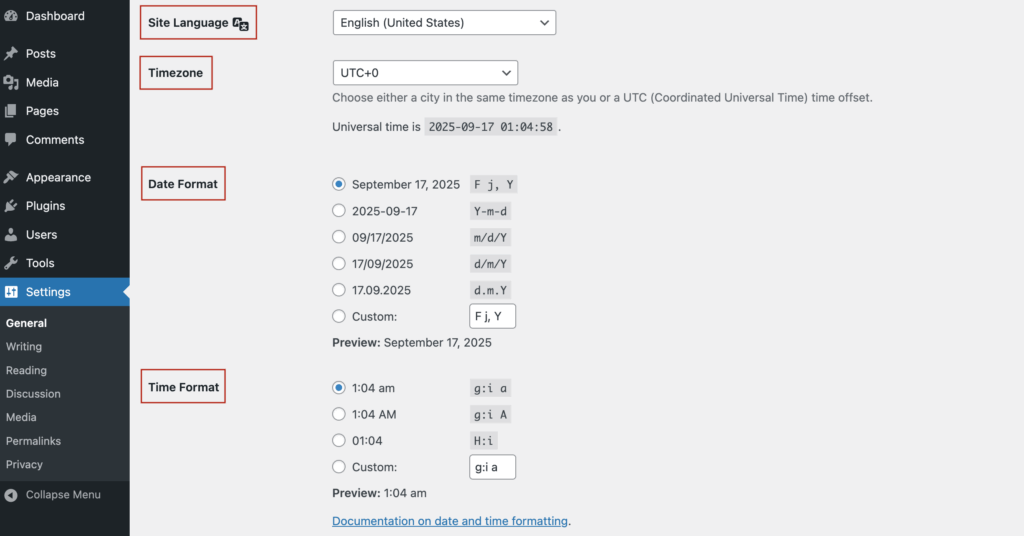 Set Site Language, Timezone, Date and Time Format