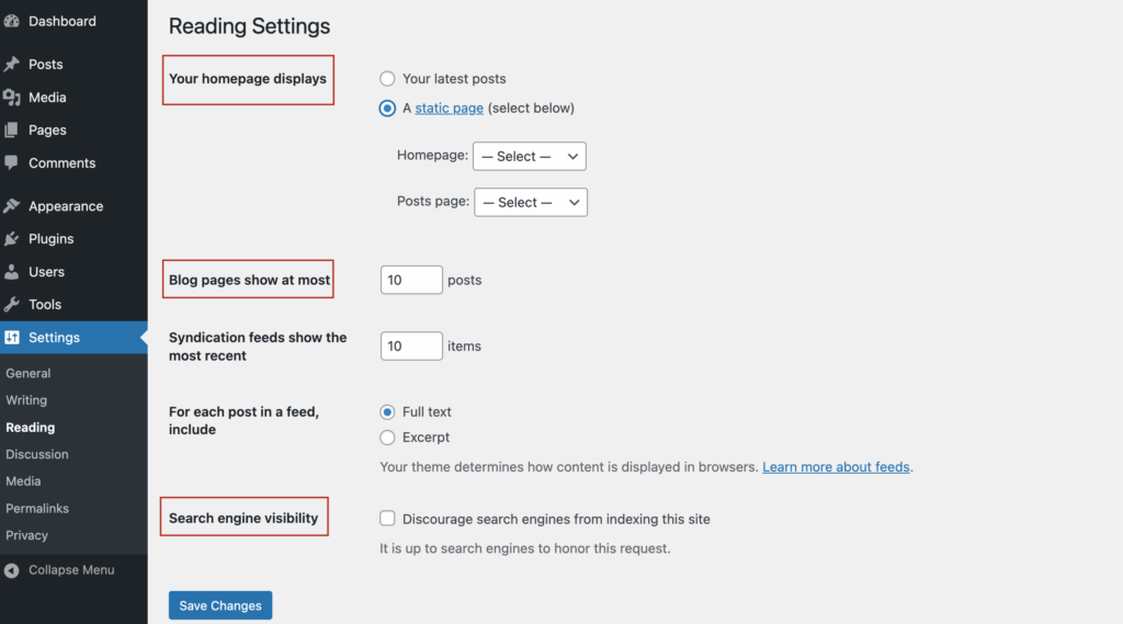 things to do after installing WordPress - configure Reading Settings