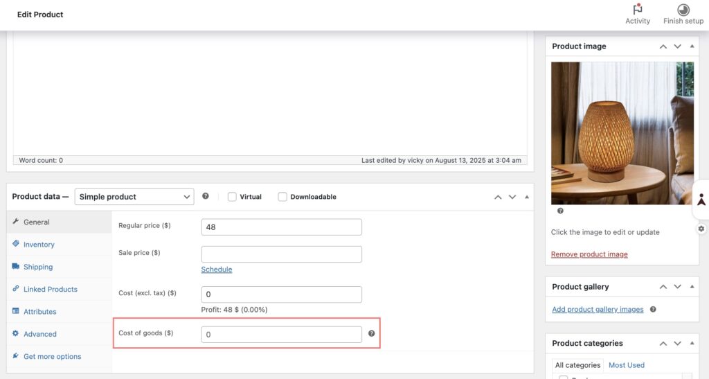 Edit the product with Cost of goods