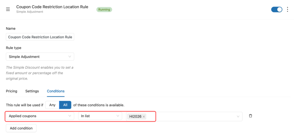 Assign the coupon code for the rule