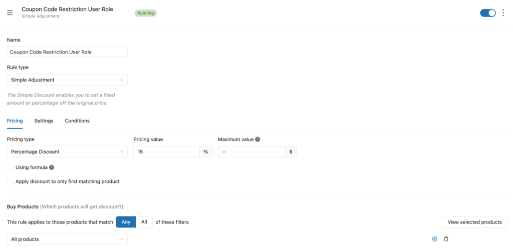 Configure the pricing rule for Restricted WooCommerce Discount Coupons Based on User Role