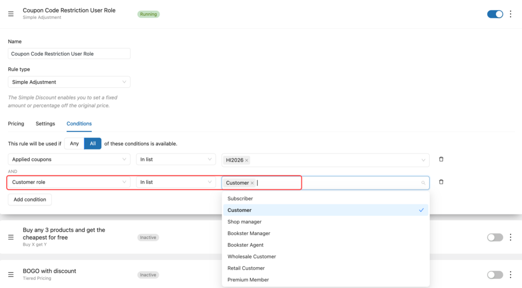 configure the user role for the coupon discount